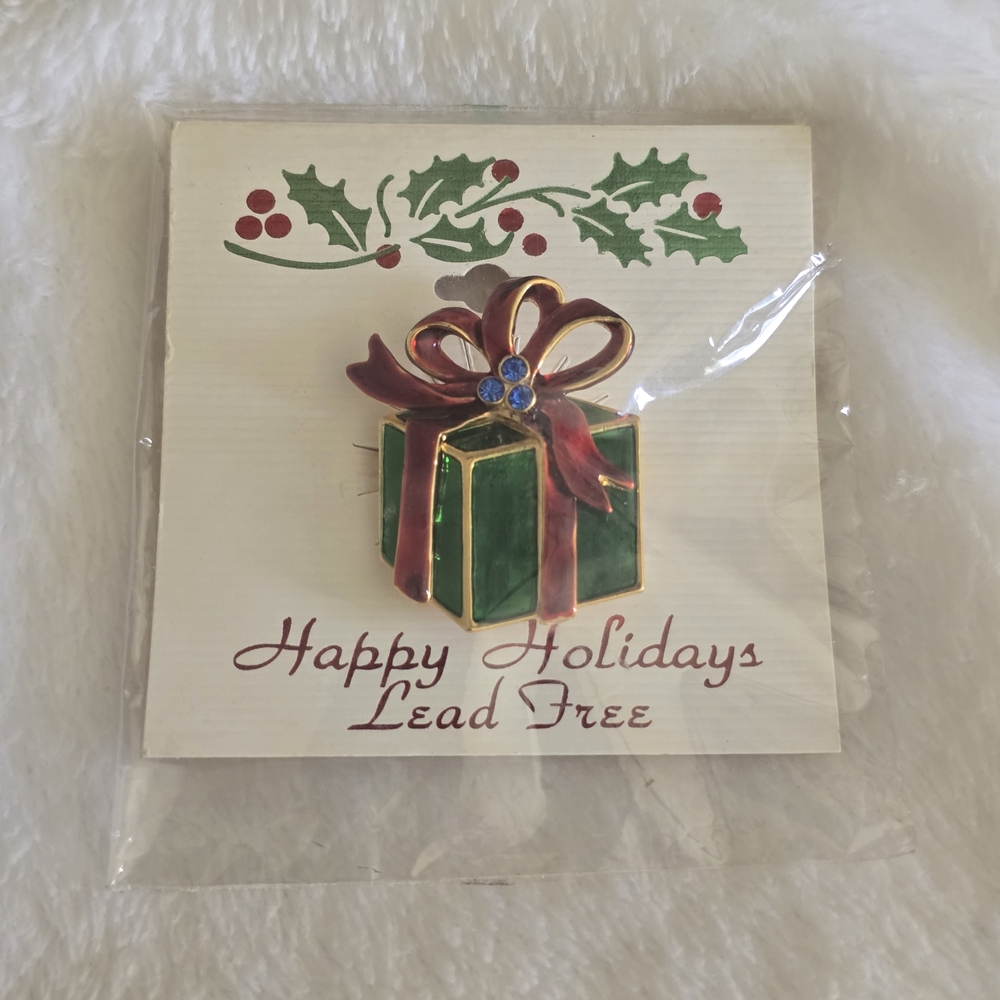 Vintage Christmas Gift Box‎ Brooch Enamel Present Pin Rhinestone Bow